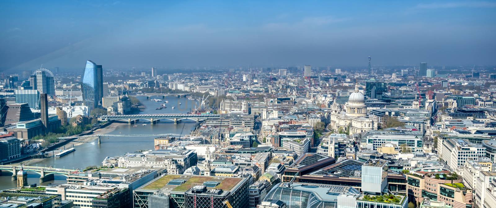 An aerial view of London, United Kingdom on a sunny day.