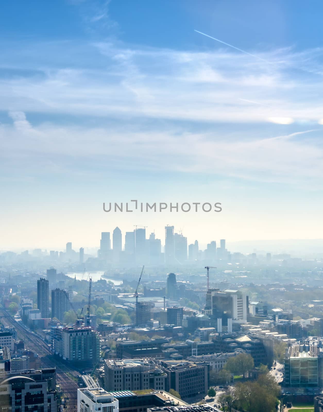 An aerial view of London, United Kingdom on a sunny day.