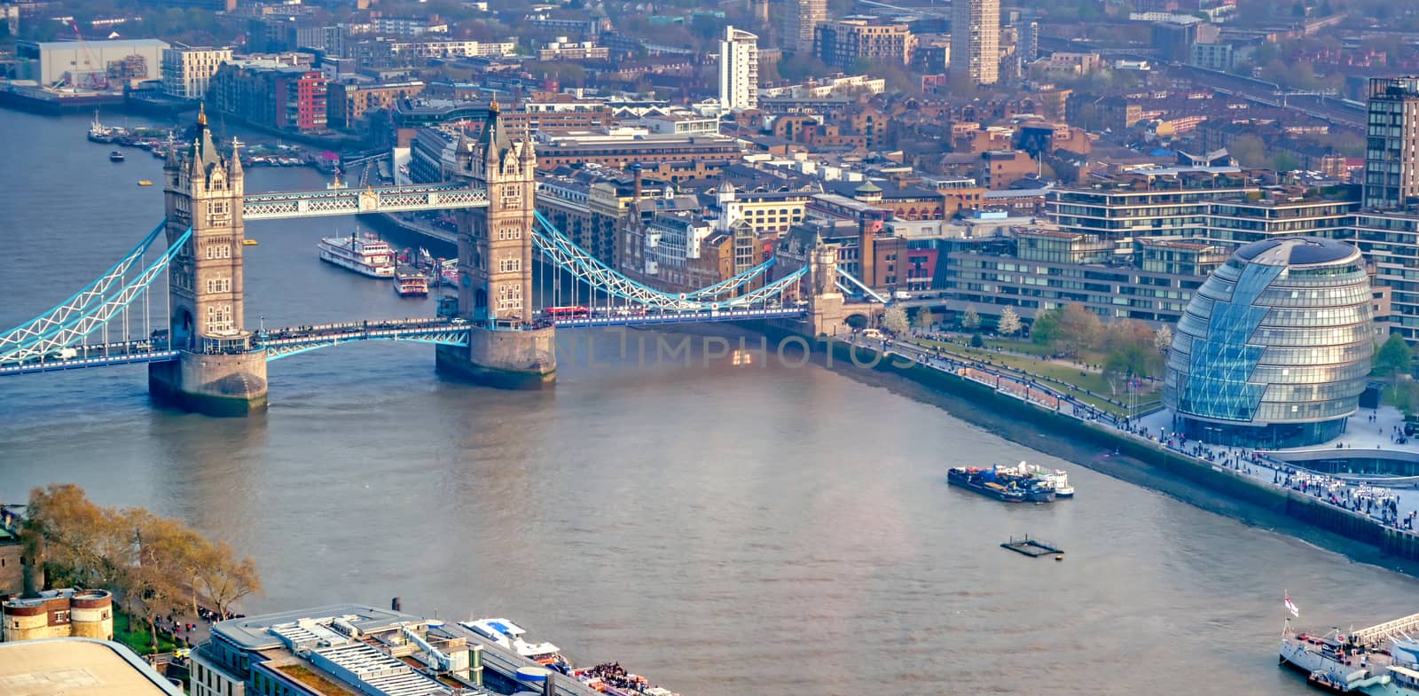 A view of Tower Bridge and the River Thames in London, UK.