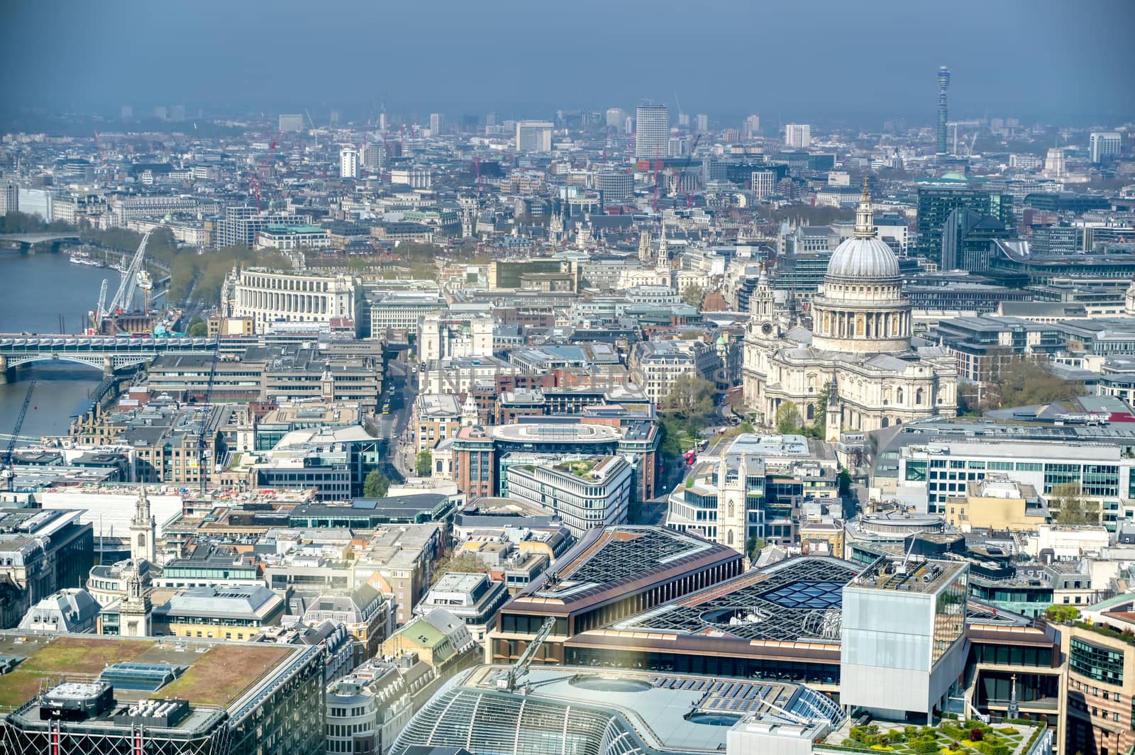 An aerial view of London, United Kingdom on a sunny day.