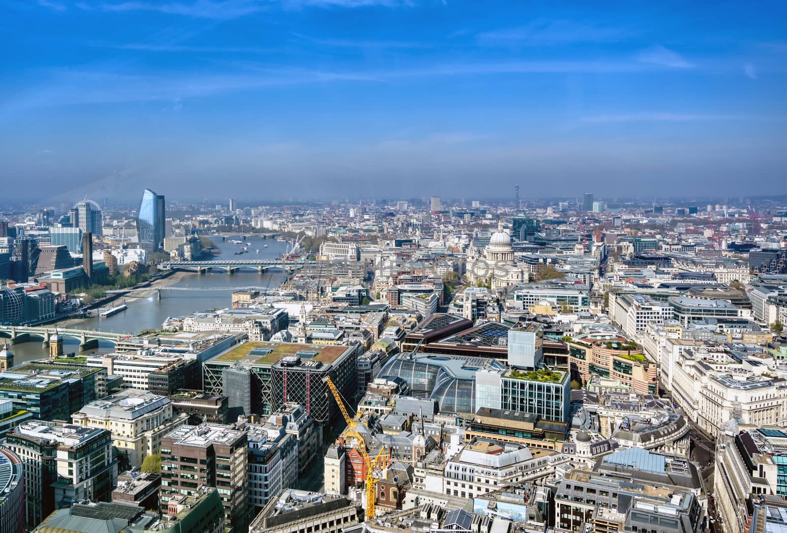 An aerial view of London, United Kingdom on a sunny day.