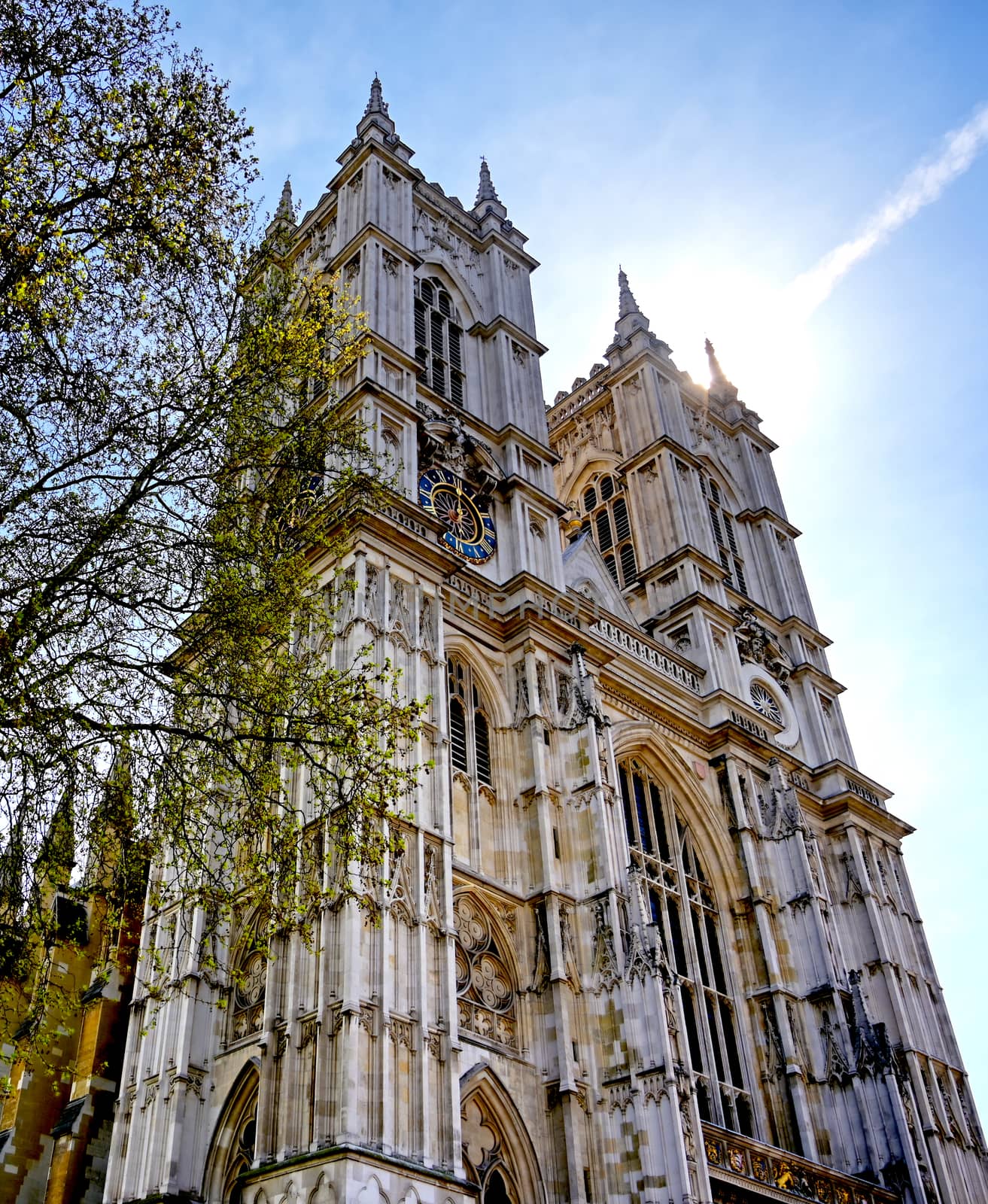 A view of Westminster Abbey on a sunny day in London, UK.