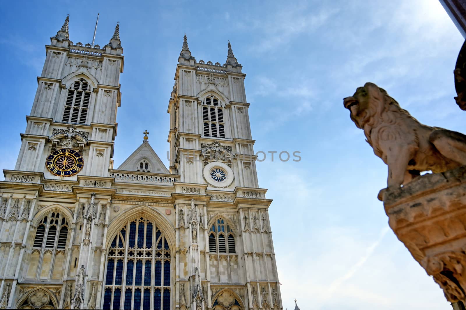 A view of Westminster Abbey on a sunny day in London, UK.