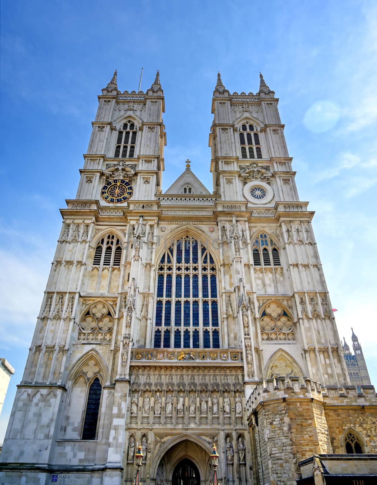 A view of Westminster Abbey on a sunny day in London, UK.