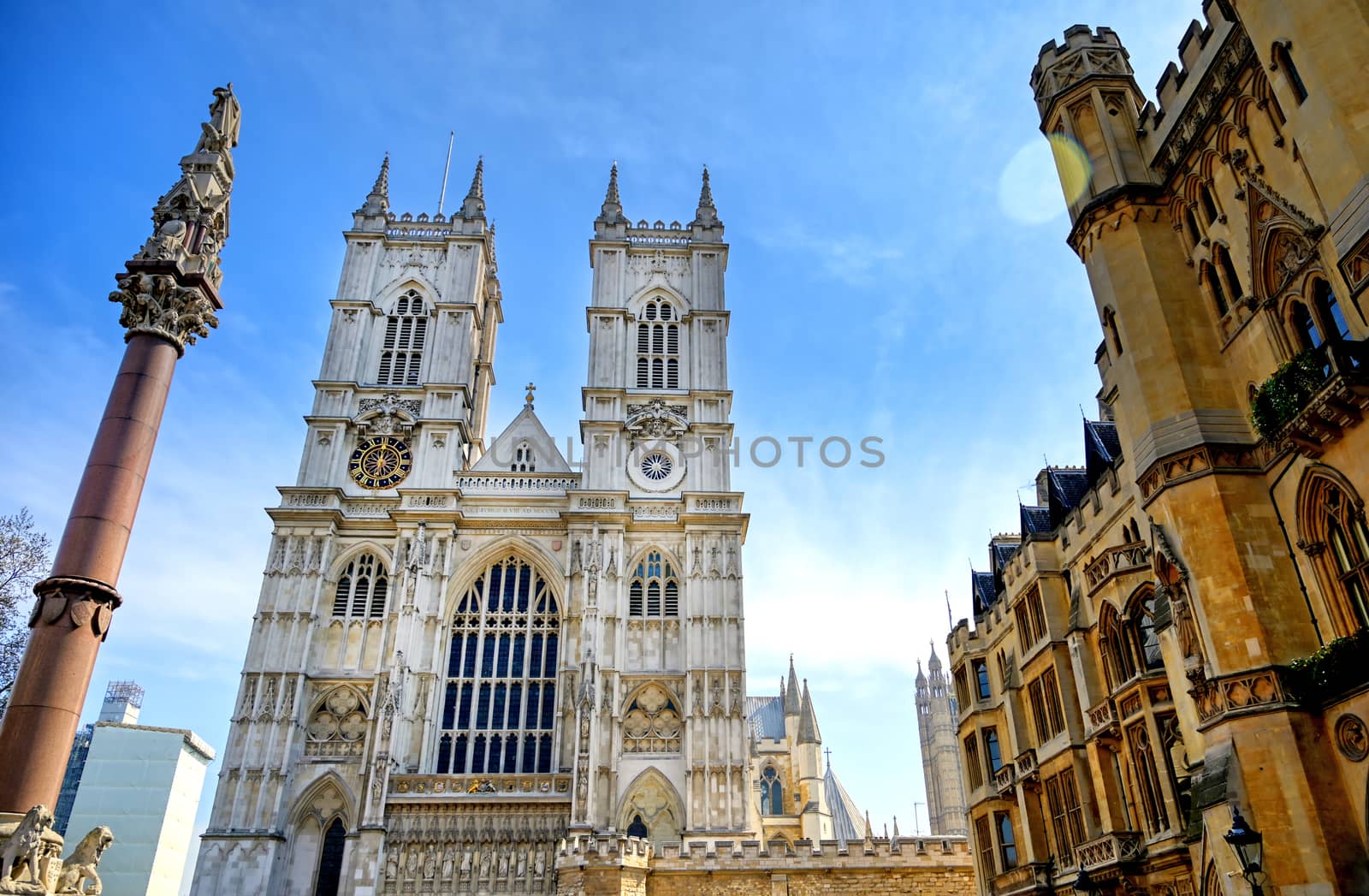 A view of Westminster Abbey on a sunny day in London, UK.