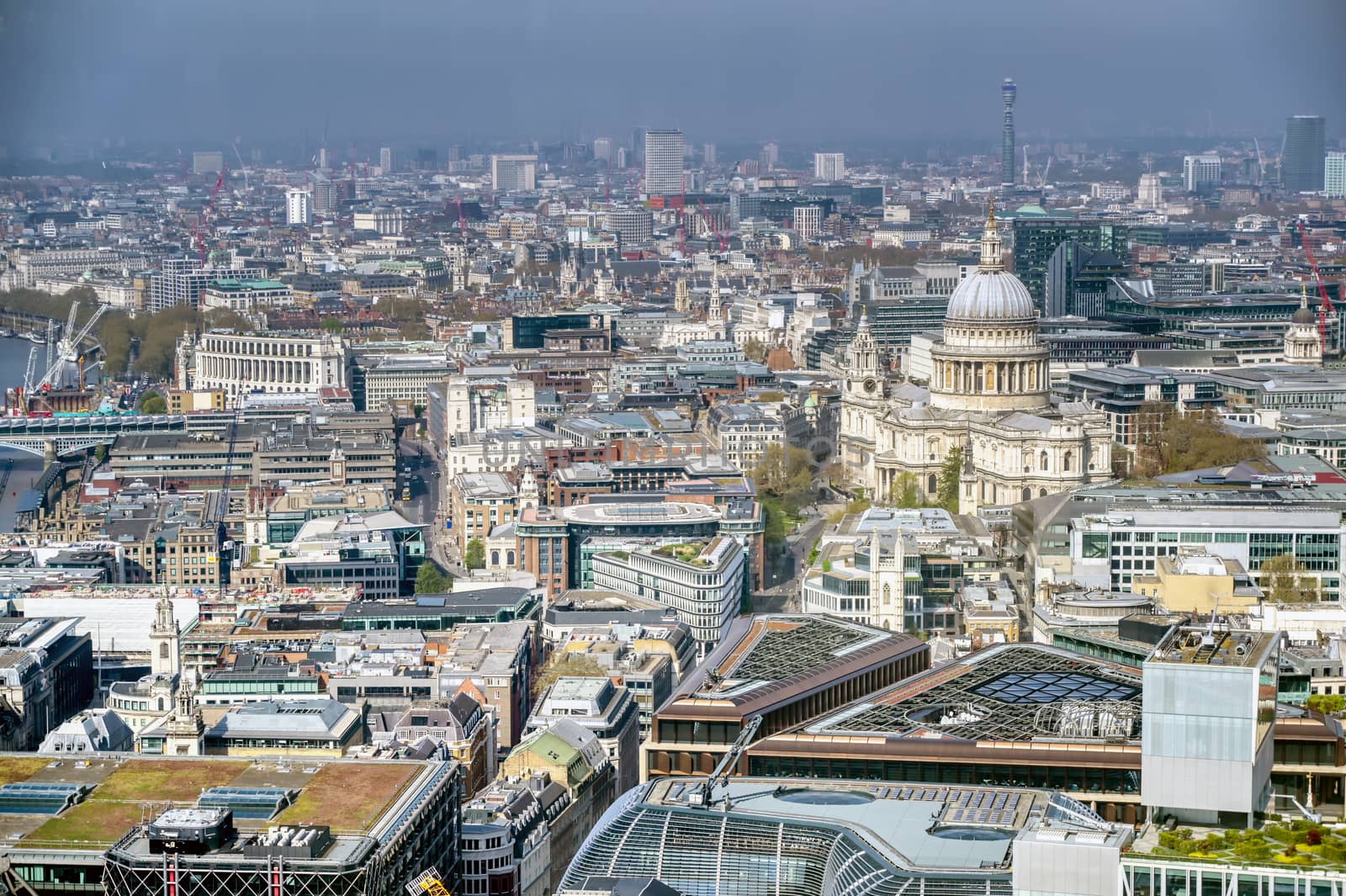 An aerial view of London, United Kingdom on a sunny day.