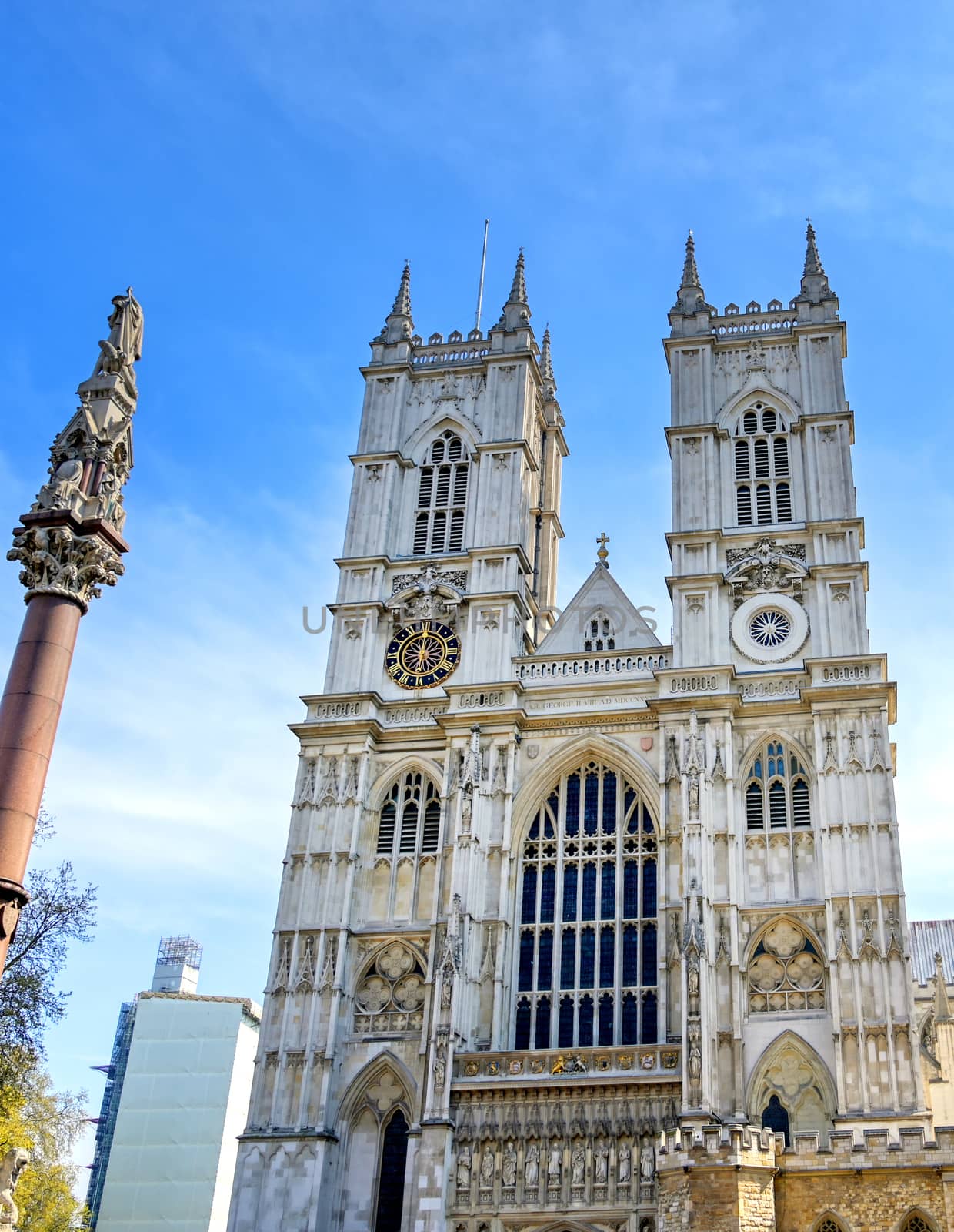 A view of Westminster Abbey on a sunny day in London, UK.