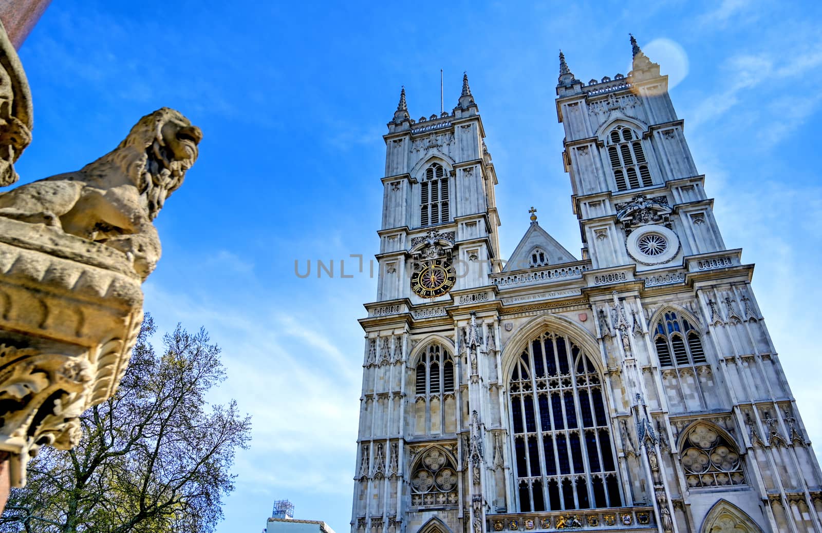 A view of Westminster Abbey on a sunny day in London, UK.