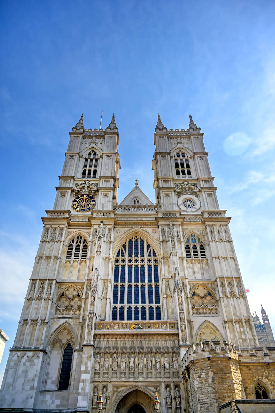 A view of Westminster Abbey on a sunny day in London, UK.