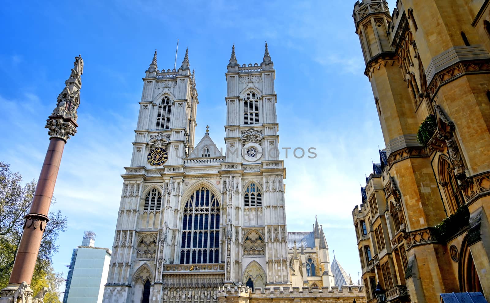 A view of Westminster Abbey on a sunny day in London, UK.