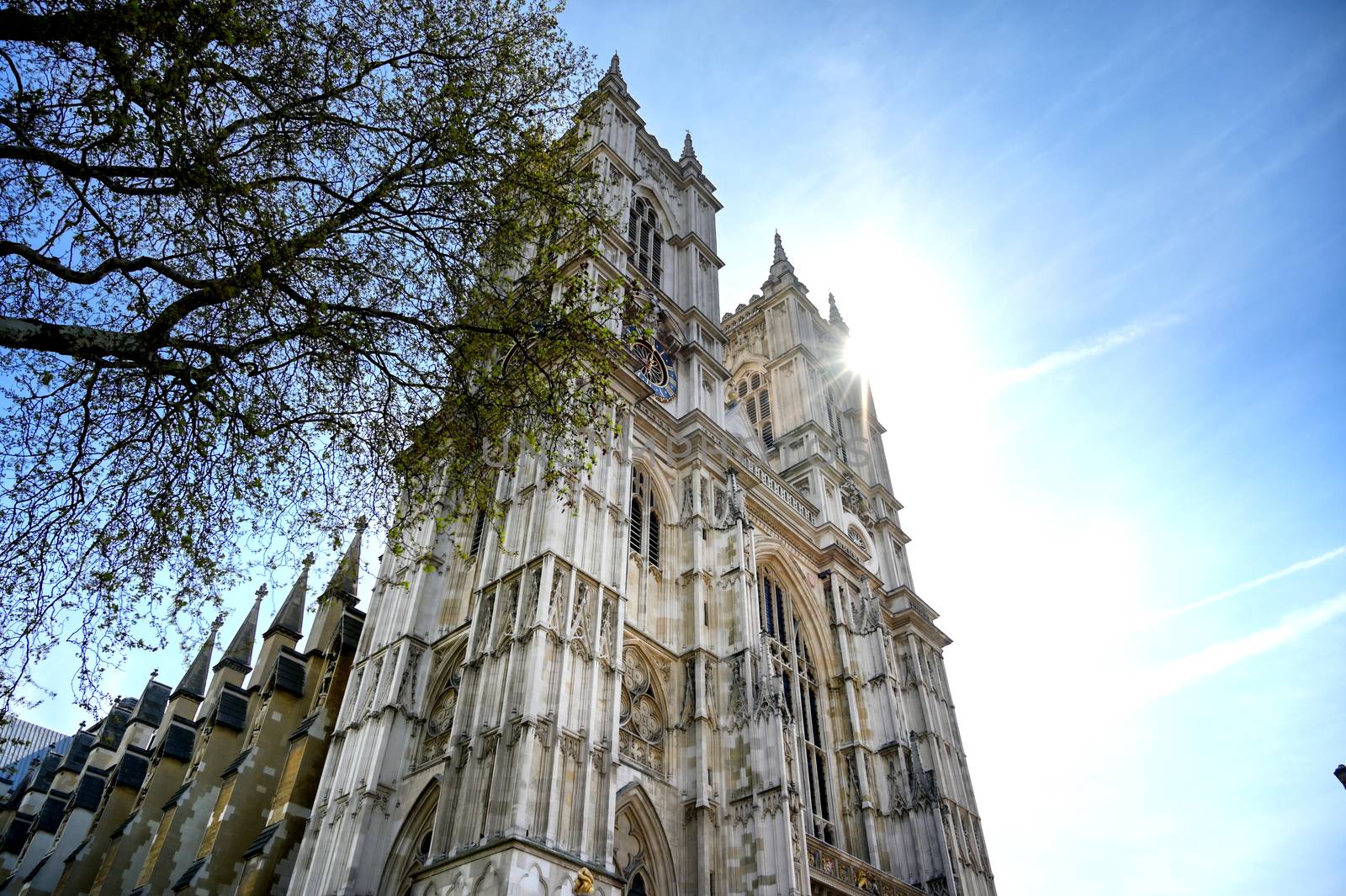 A view of Westminster Abbey on a sunny day in London, UK.