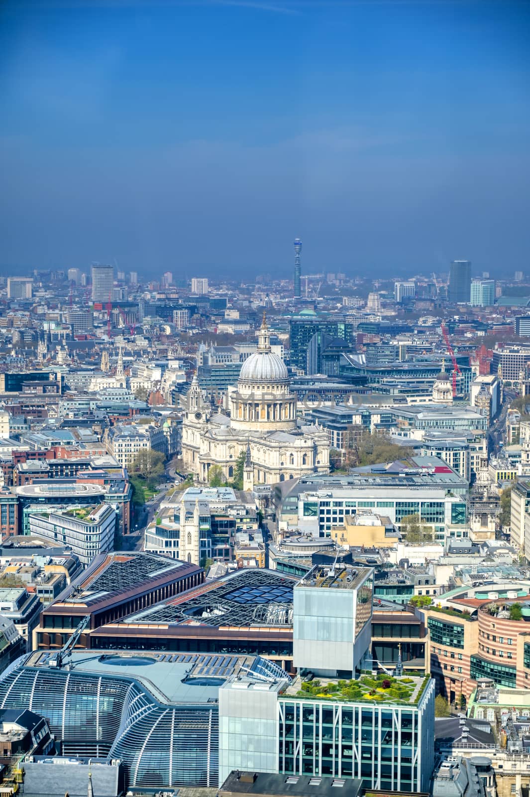 An aerial view of London, United Kingdom on a sunny day.