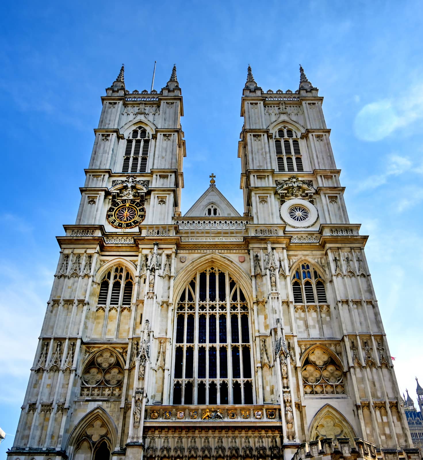 A view of Westminster Abbey on a sunny day in London, UK.