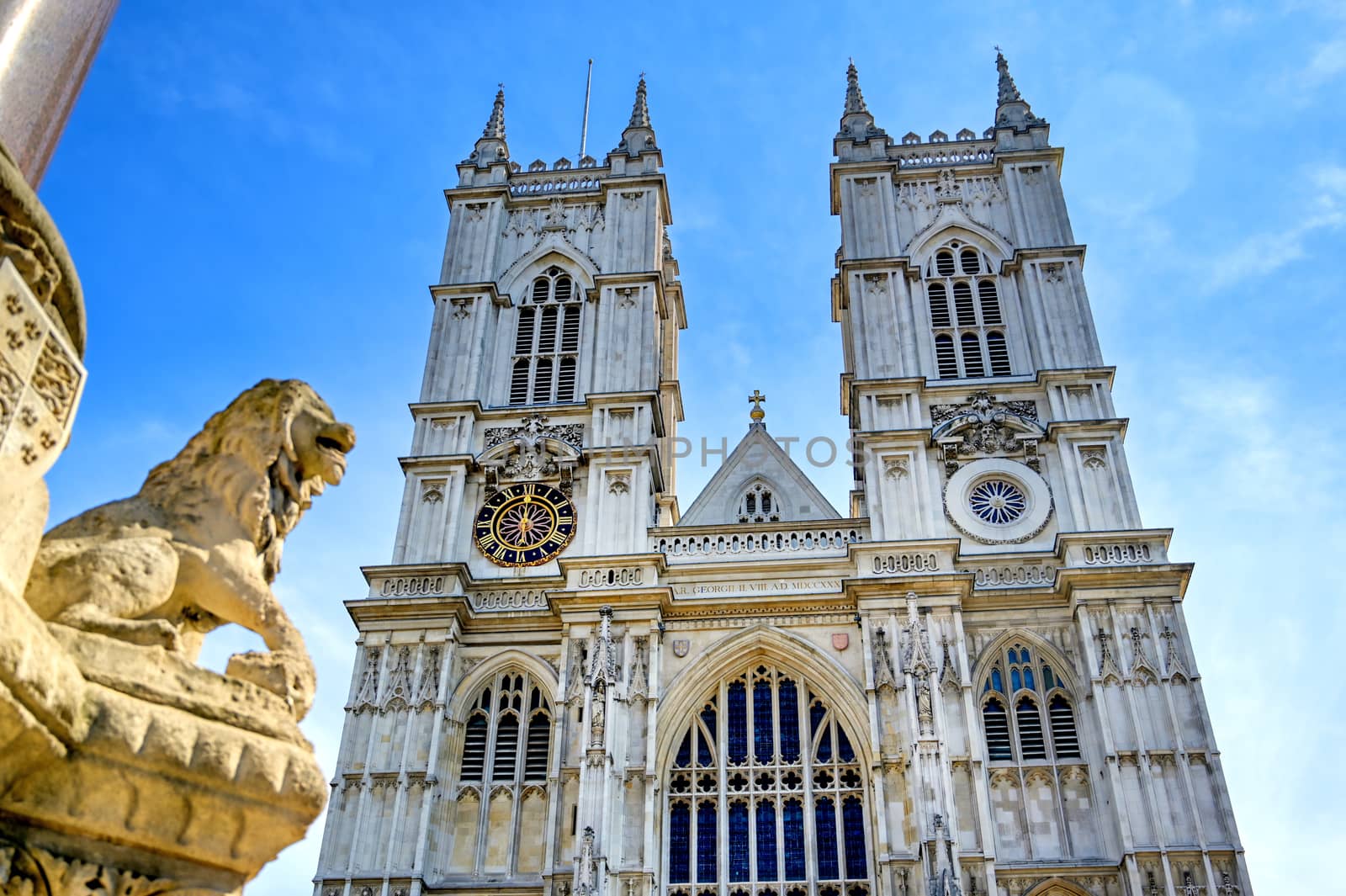 A view of Westminster Abbey on a sunny day in London, UK.