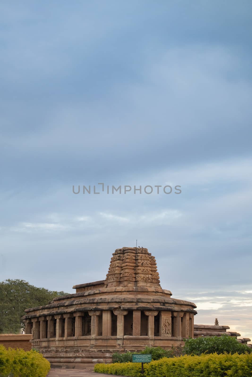 Aihole Durga temple during cloudy day with copy space, Karnataka, India