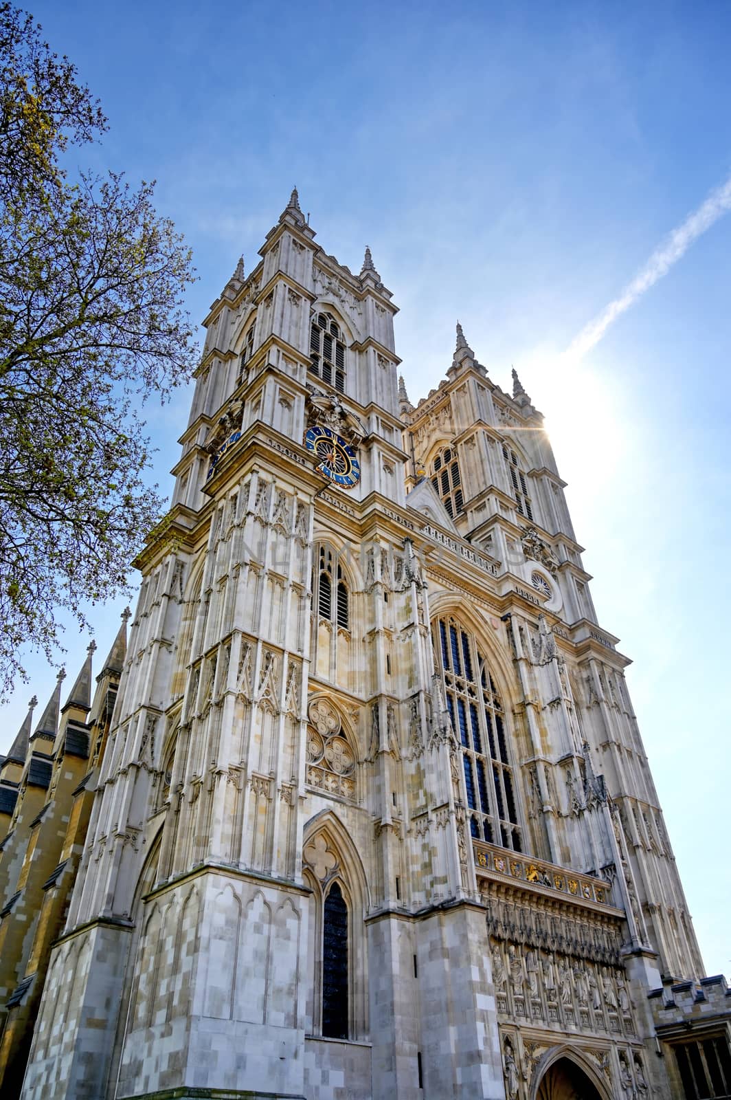 A view of Westminster Abbey on a sunny day in London, UK.