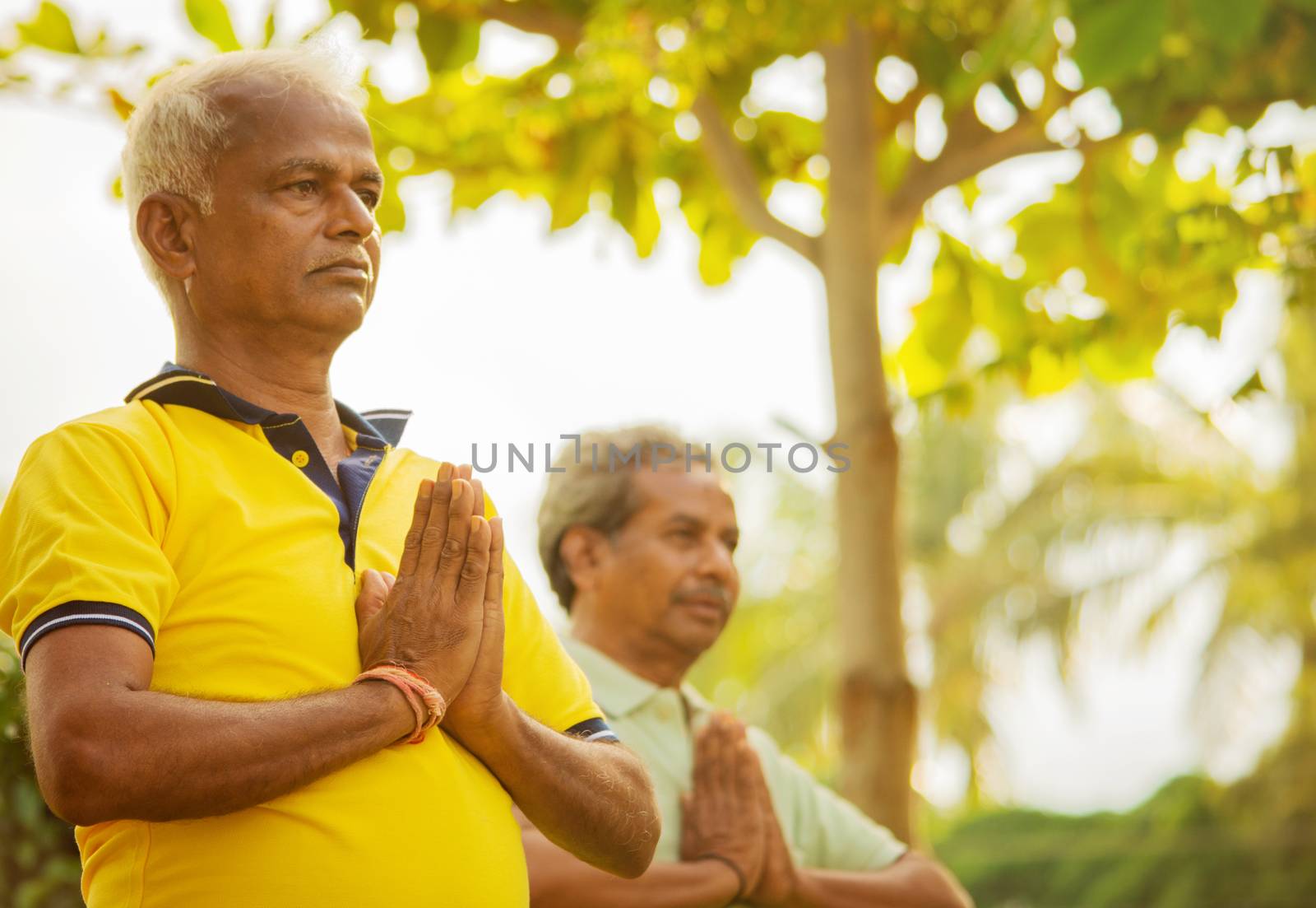 Selective focus on hands elderly men practising simple yoga - fitness, sport, yoga and healthy lifestyle concept - Two senior men with namaste posture at park outdoor. by lakshmiprasad.maski@gmai.com