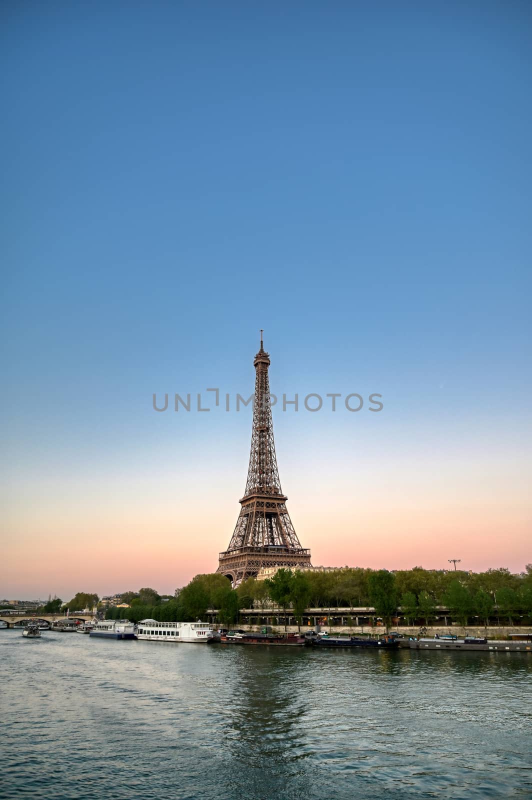 The Eiffel Tower across the River Seine in Paris, France.