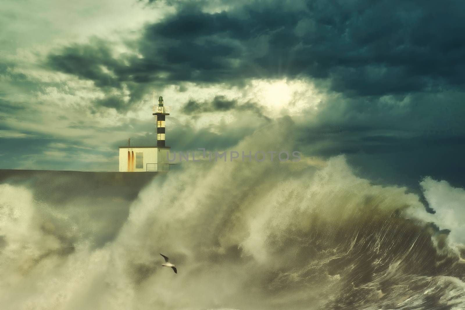 Stormy wave over lighthouse of San Esteban de Pravia. by CreativePhotoSpain