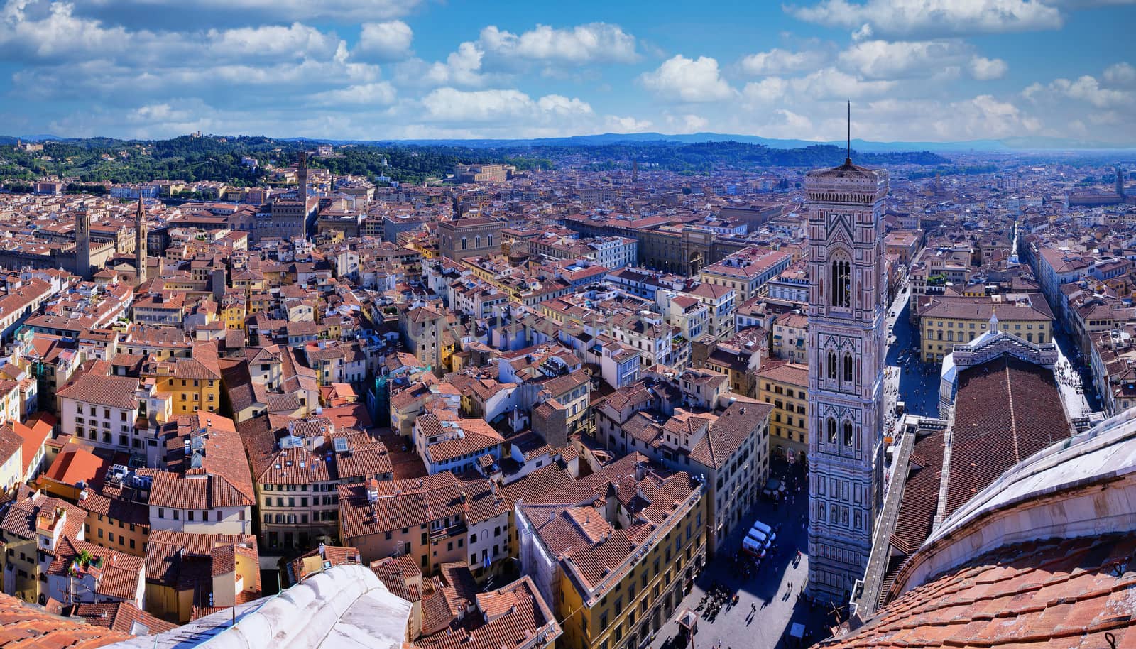 Florence, Italy - June 29, 2018: Panorama of cathedral, the dome of Brunelleschi, Campanile di Giotto, Piazza del Duomo, Firenze, Tuscany, Italy