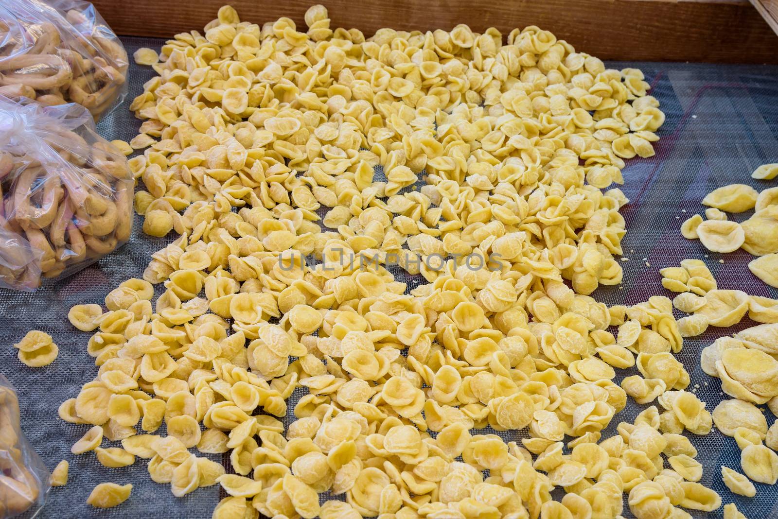 Traditional homemade pasta on the streets of the old town of Bari, Apulia, Italy