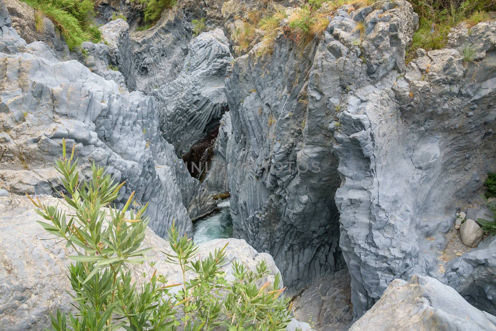 Basalt rocks formations of the gorge of Alcantara river, Sicily, Italy