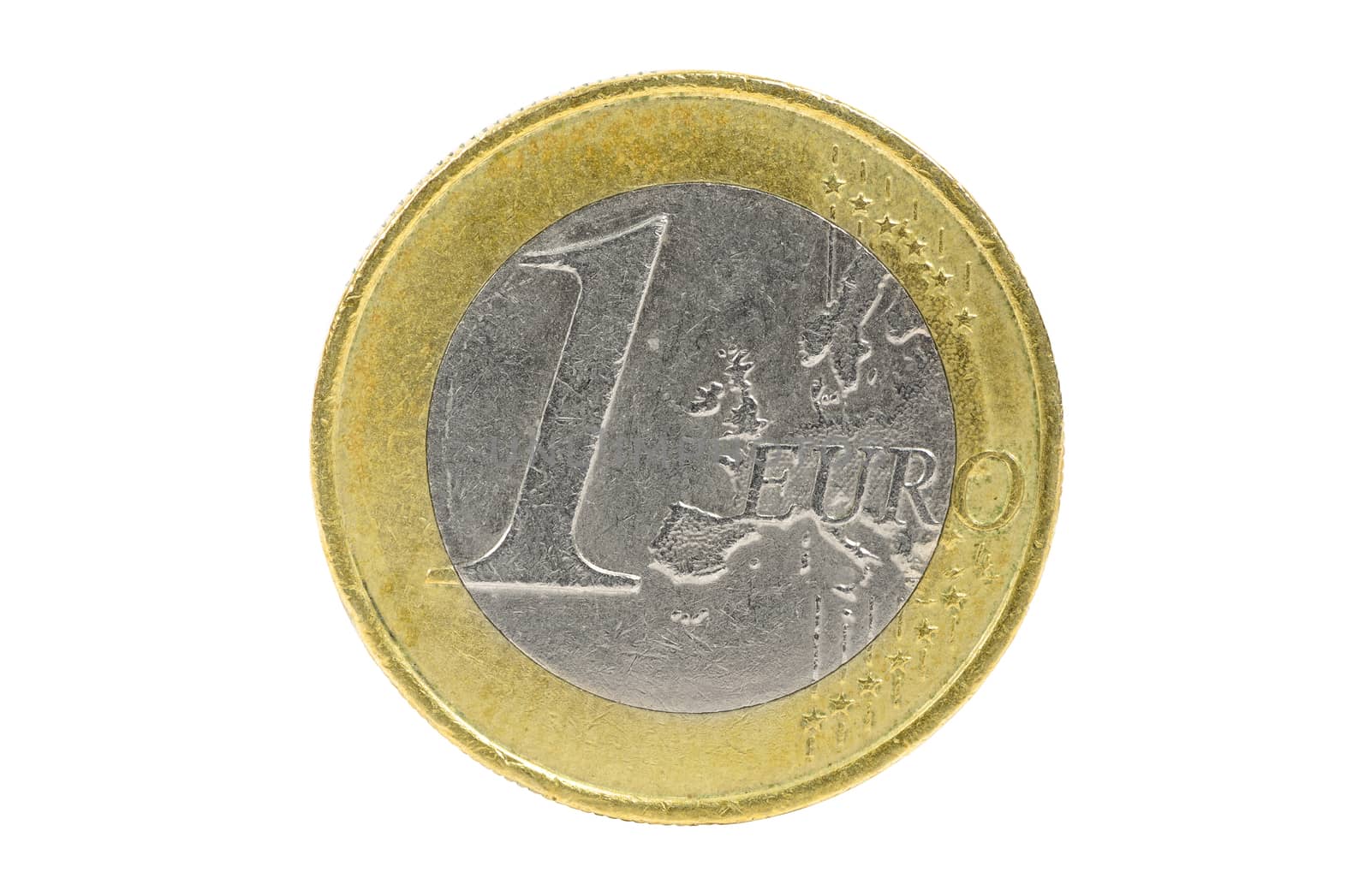 Closeup of 1 euro coin isolated on white background with clipping path