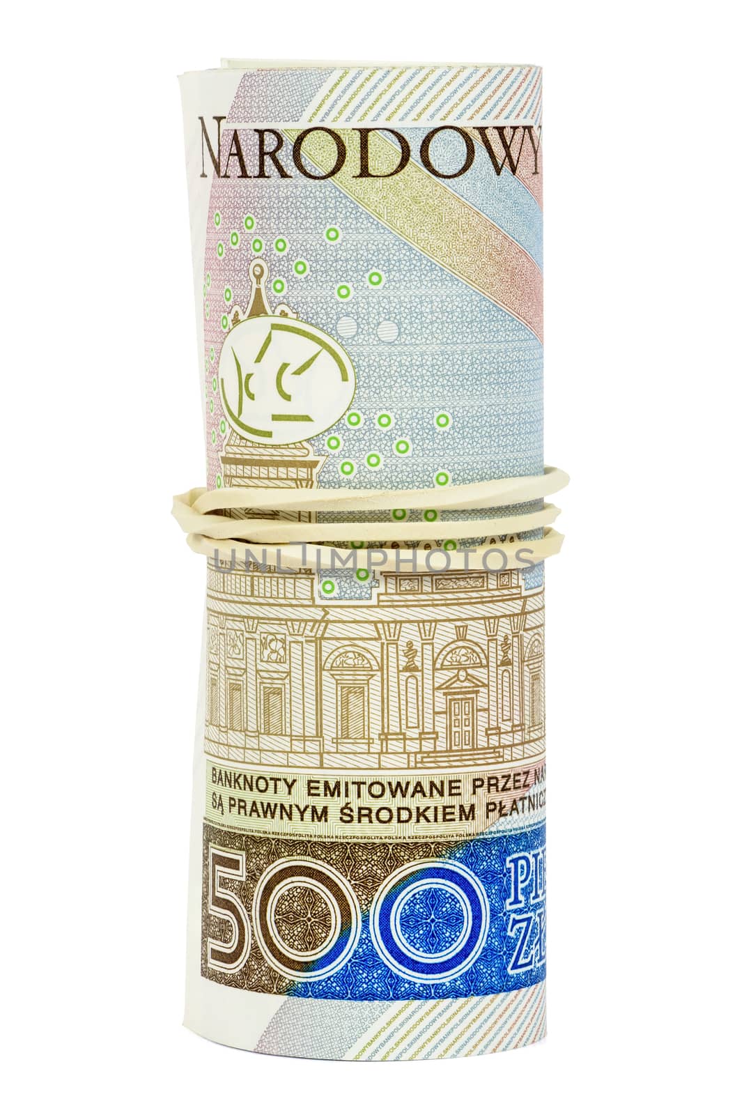 Polish banknotes of 500 PLN rolled with rubber by mkos83
