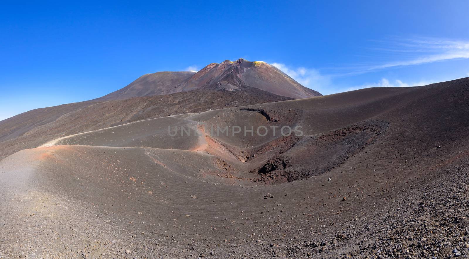 Panoramic view of Etna crater created by eruption in 2002 with main craters in the background, Sicily, Italy