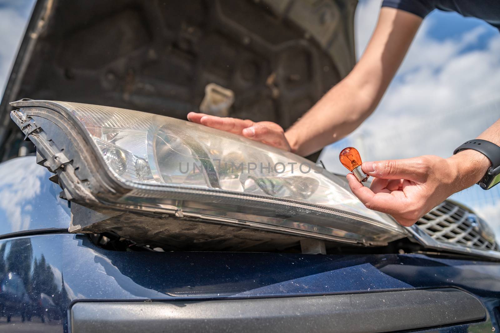 replacement of the bulb in the front headlight of a passenger car by Edophoto