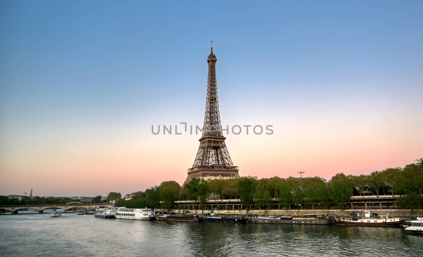 The Eiffel Tower across the River Seine in Paris, France.