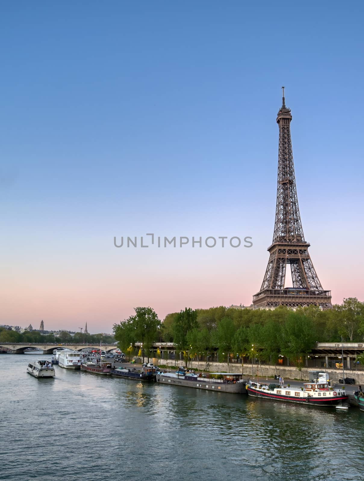 The Eiffel Tower across the River Seine in Paris, France.