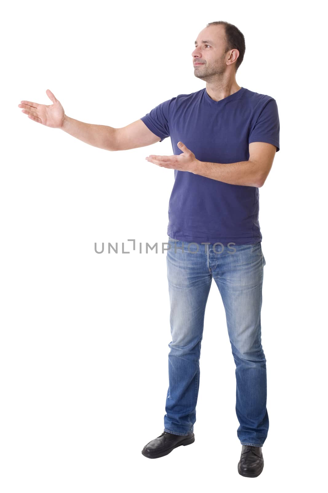 casual man with arm out in a showing gesture, isolated on white