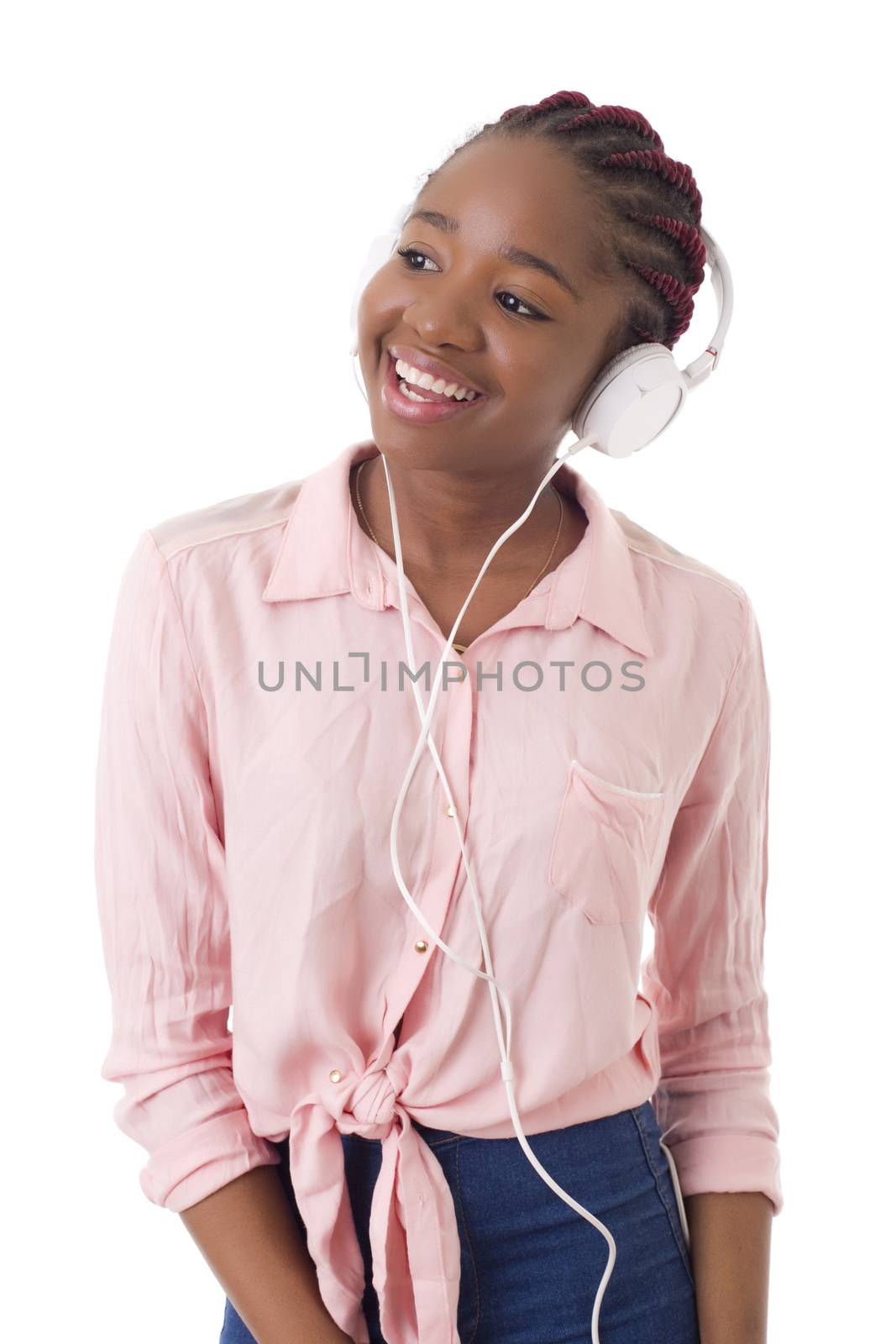 beautiful young afro woman listening music, isolated