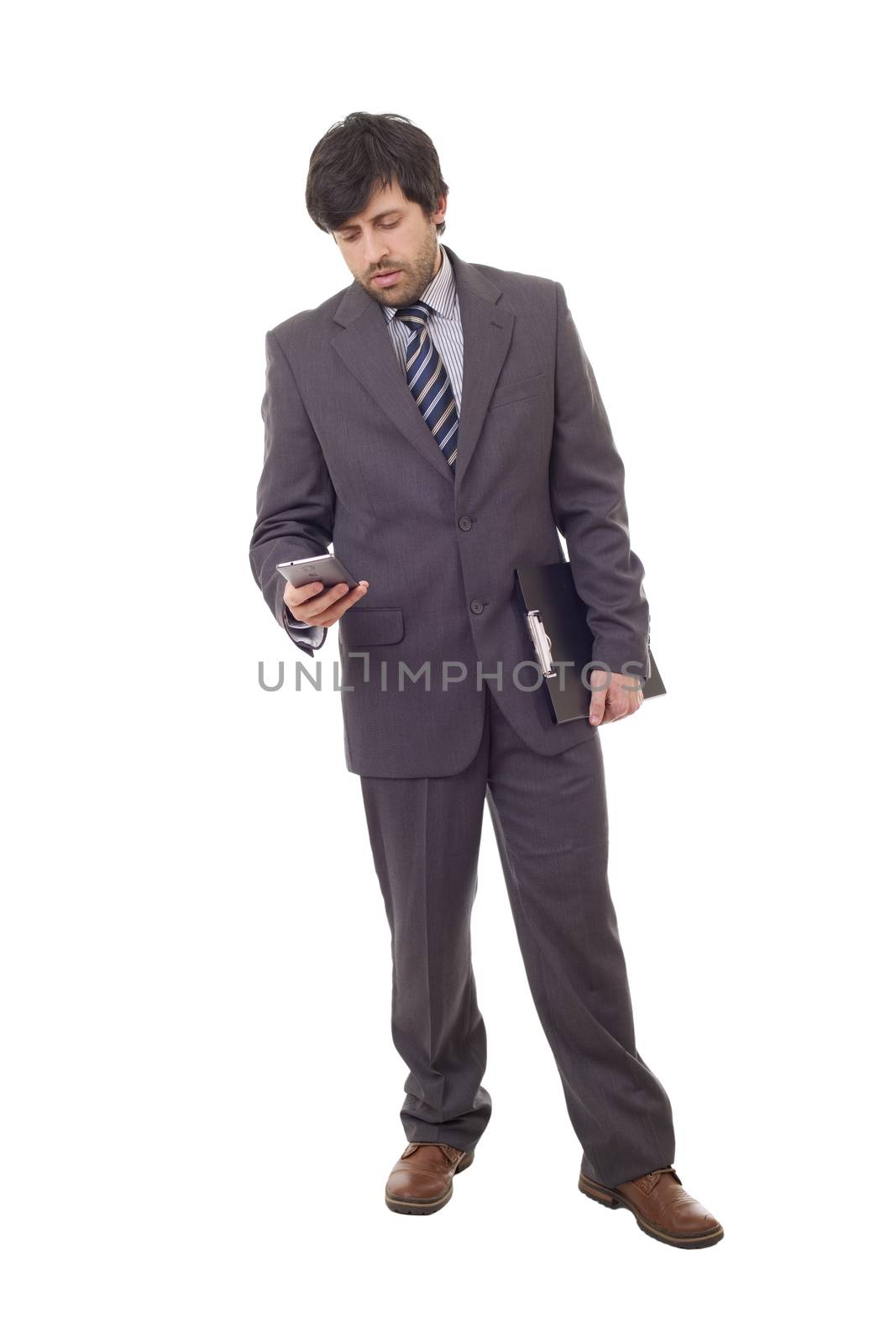 worried business man on the phone, full length, isolated