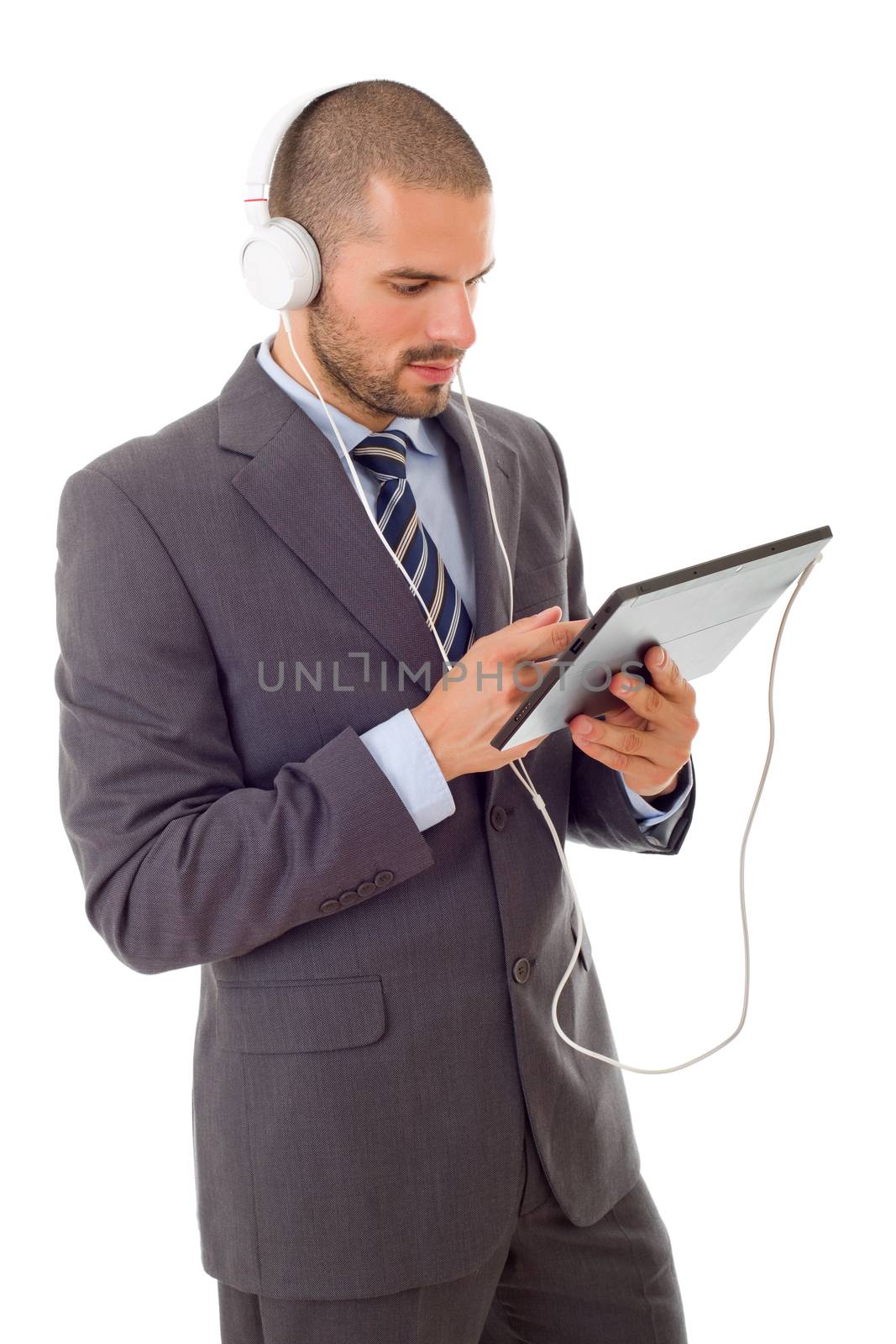 young businessman working with a tablet pc, isolated