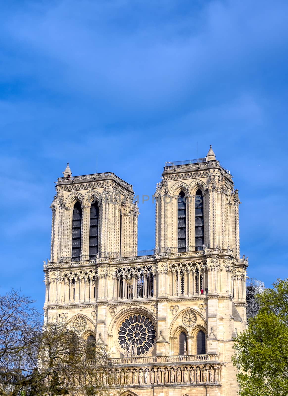 Paris, France - April 21, 2019 - Notre Dame Cathedral on the Seine River in Paris, France after the fire on April 15, 2019.