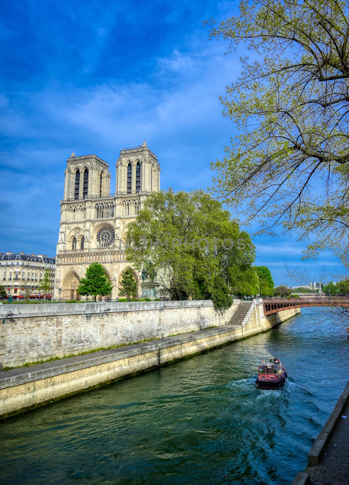 Paris, France - April 21, 2019 - Notre Dame Cathedral on the Seine River in Paris, France after the fire on April 15, 2019.