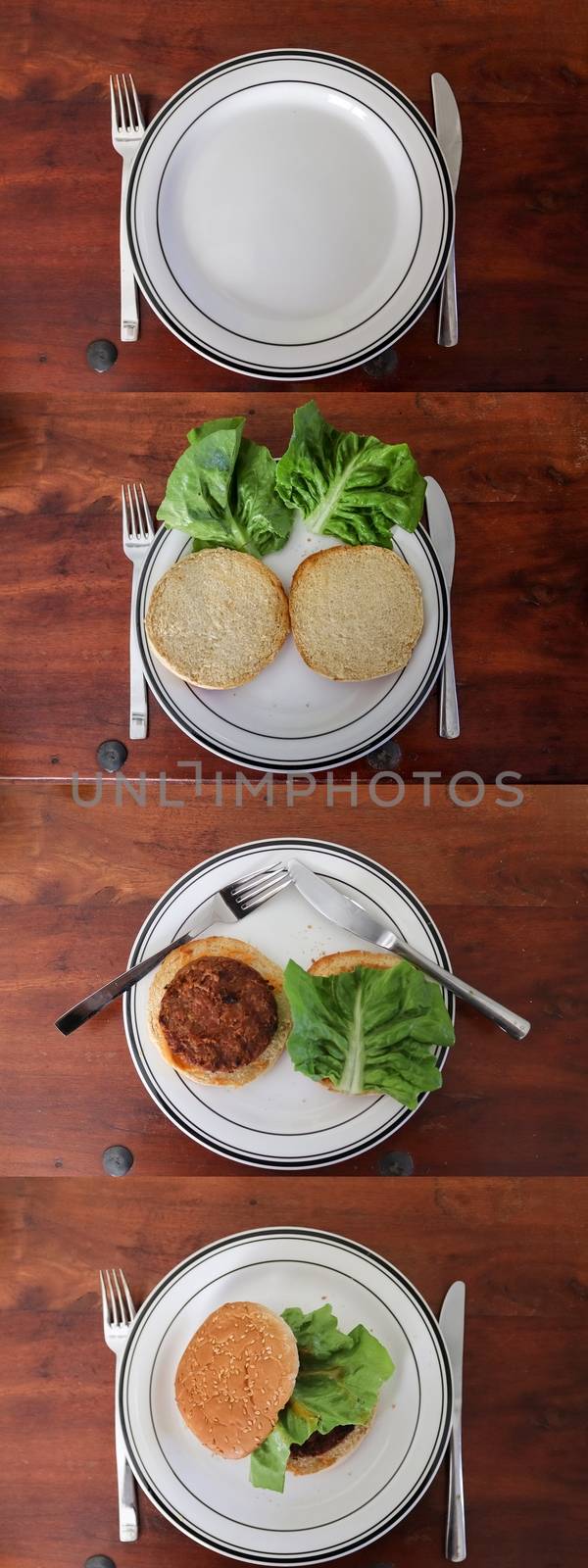 Timeline composing of homemade cooking of a grilled burger with tomatoes and salad on a plate.