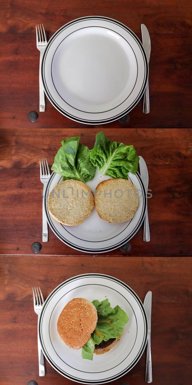 Timeline composing of homemade cooking of a grilled burger with tomatoes and salad on a plate.