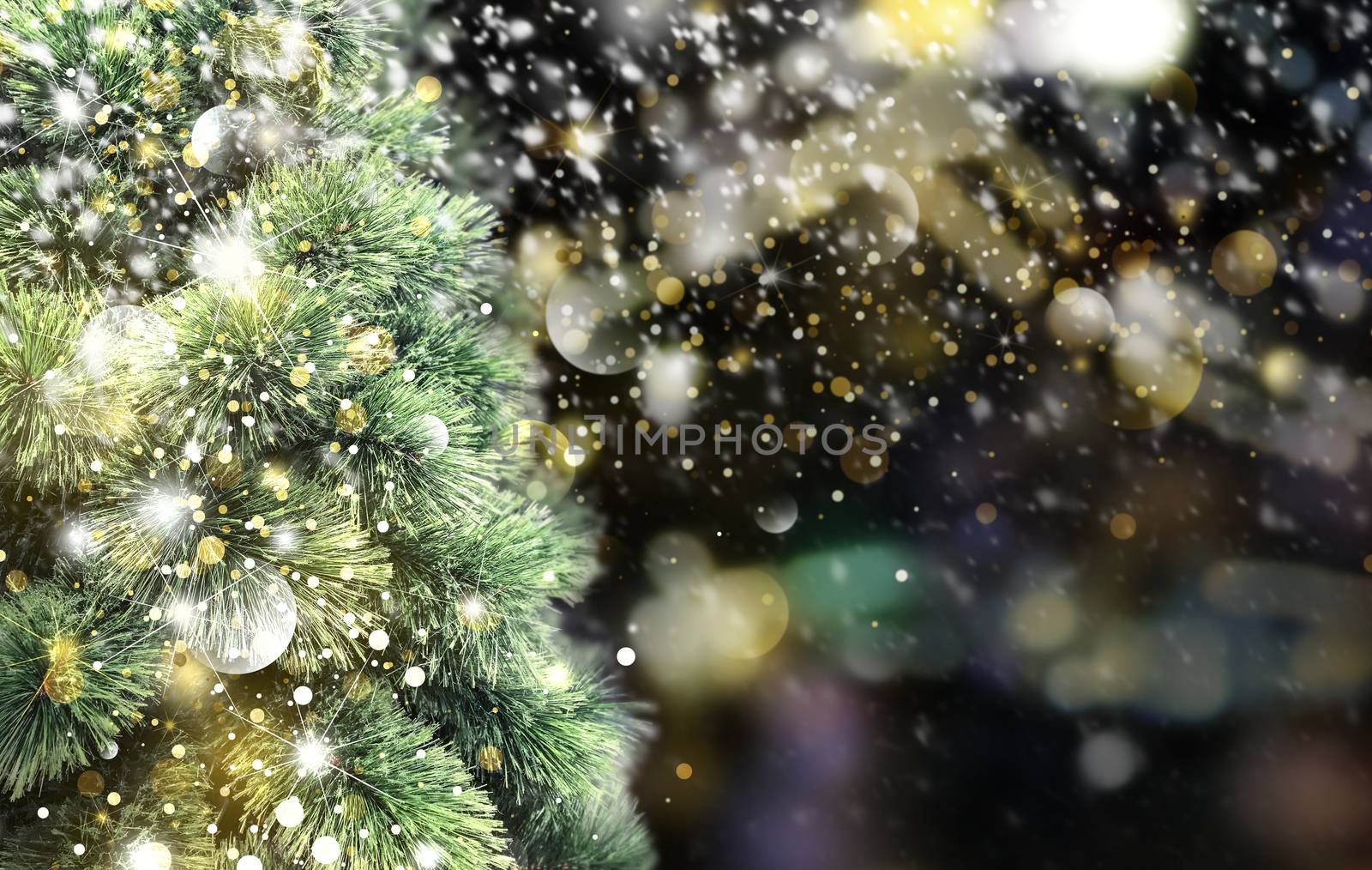 Christmas tree with snow falling in the winter by Myimagine
