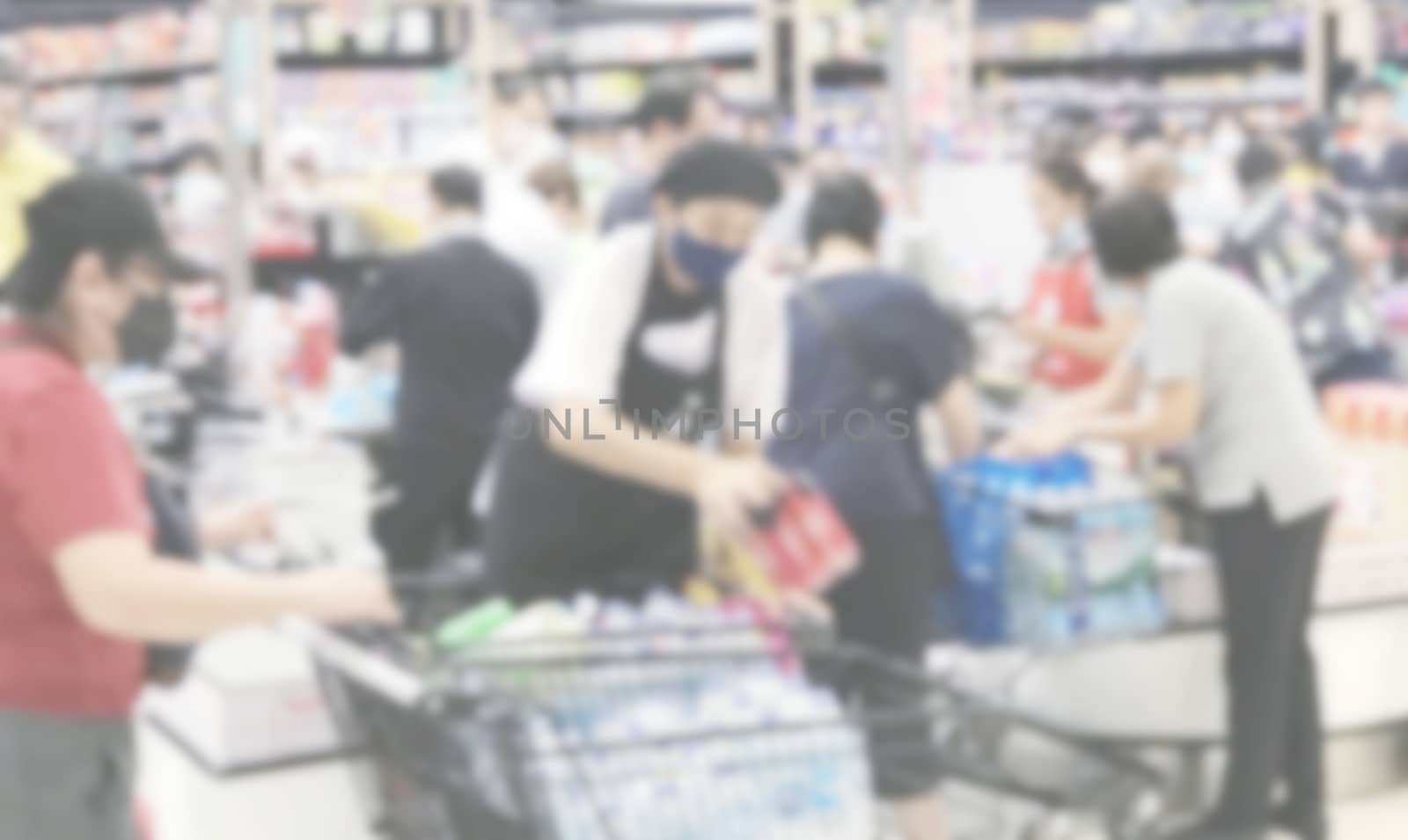 Abstract blurred background of people buying food in the superma by Myimagine