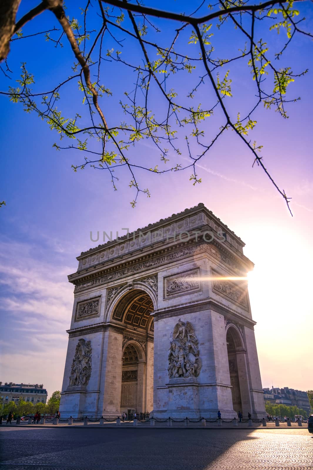 A view of the Arc de Triomphe located in Paris, France.