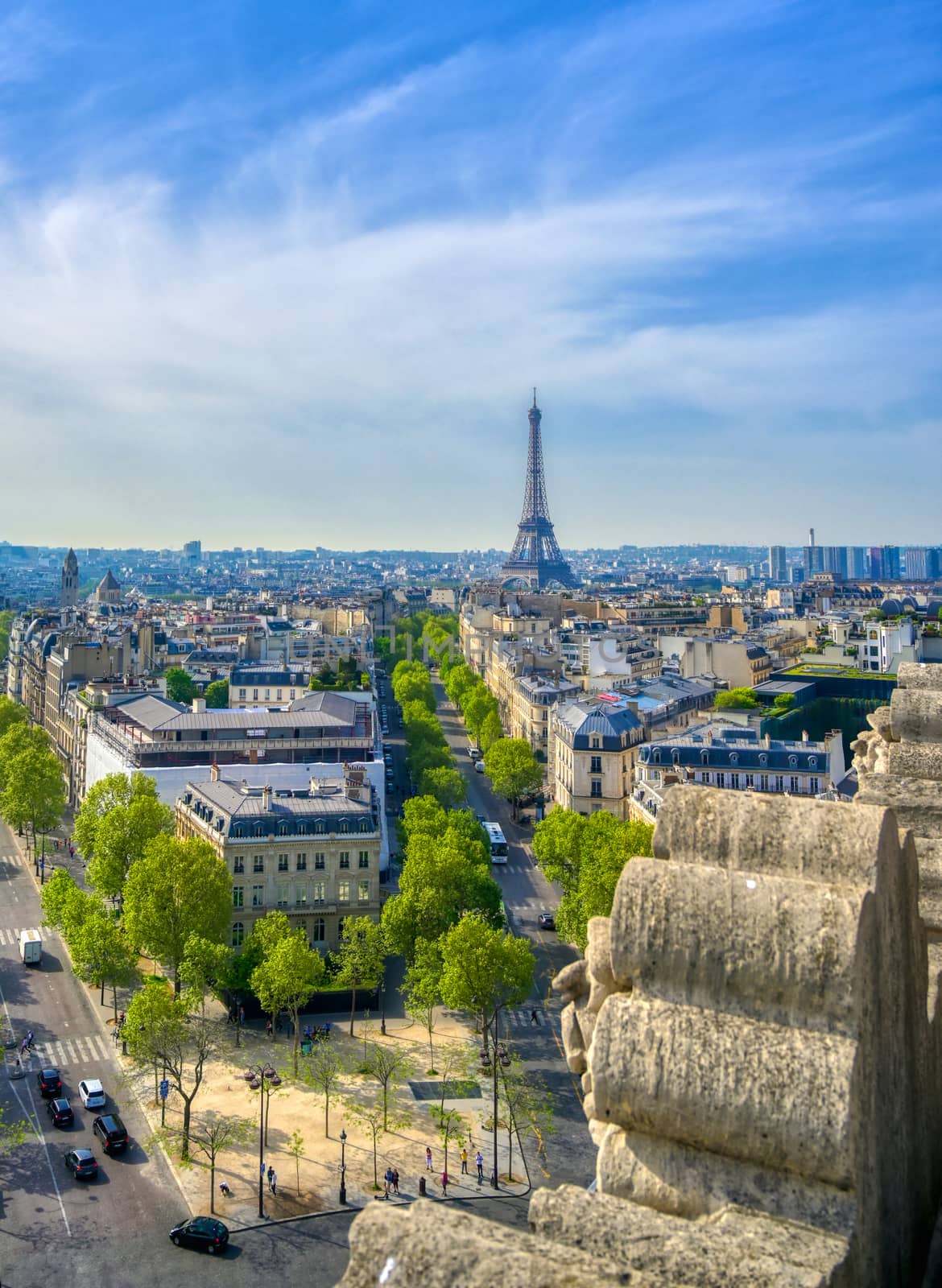 A view of the Eiffel Tower and Paris, France from the Arc de Triomphe.