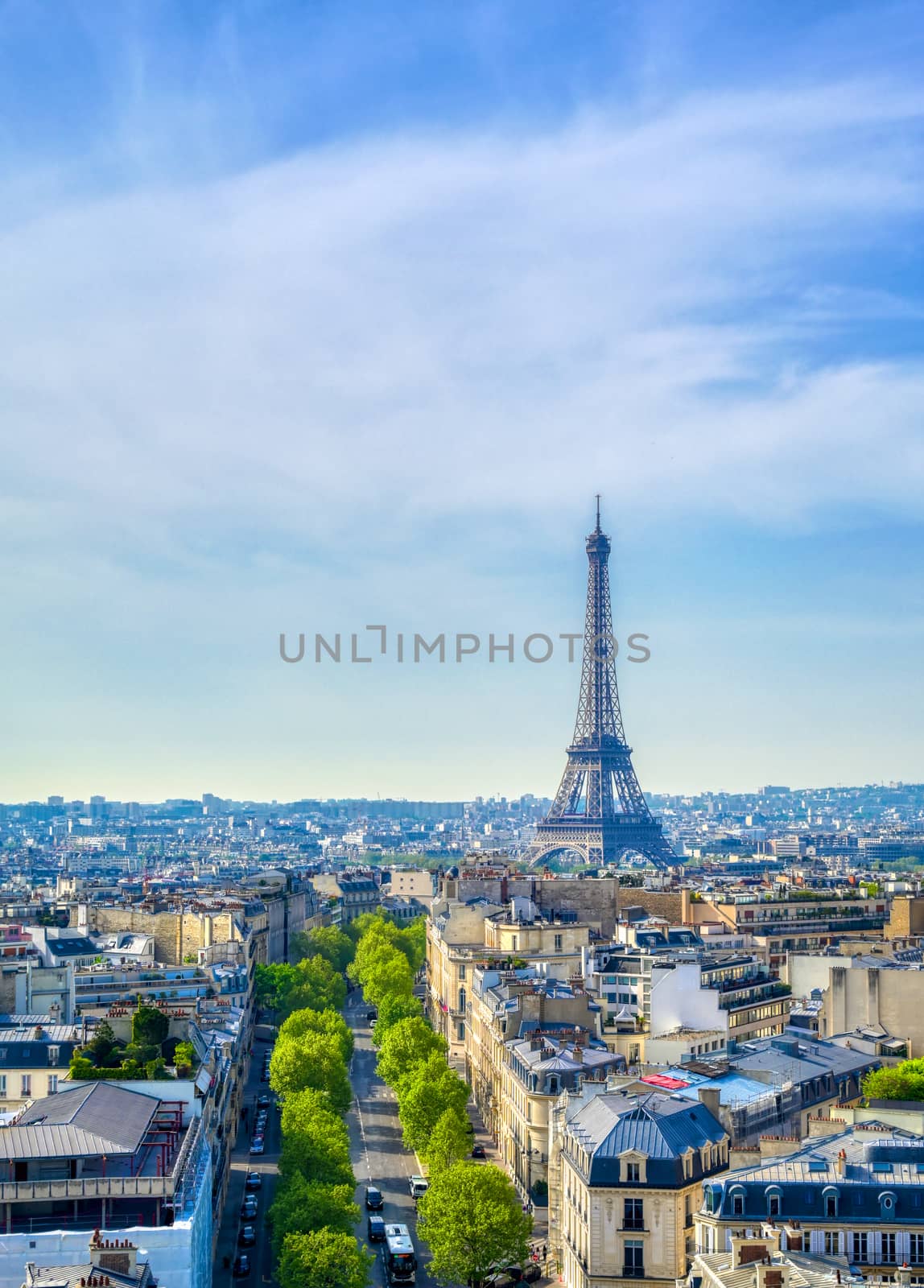 A view of the Eiffel Tower and Paris, France from the Arc de Triomphe.