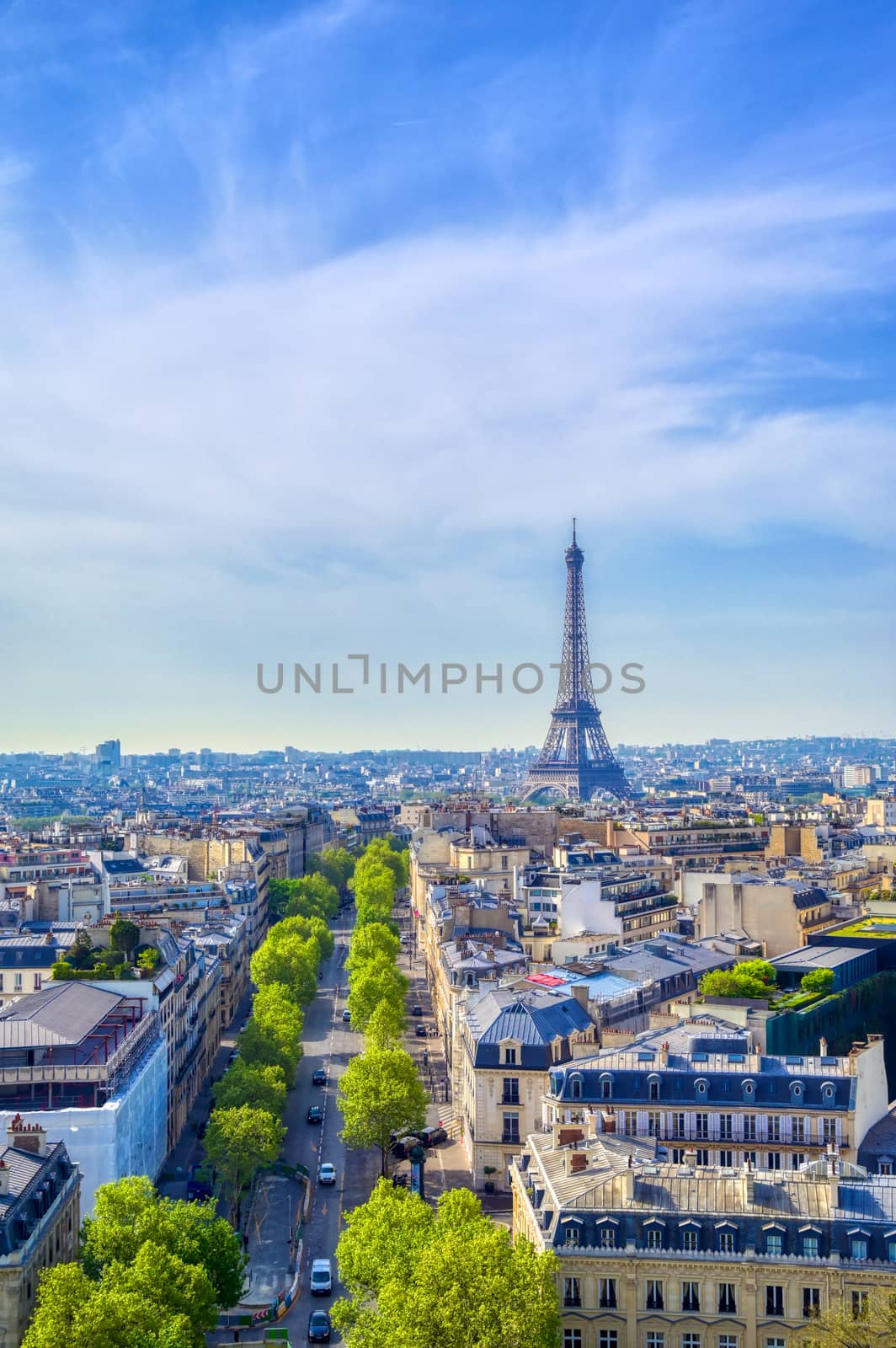 A view of the Eiffel Tower and Paris, France from the Arc de Triomphe.