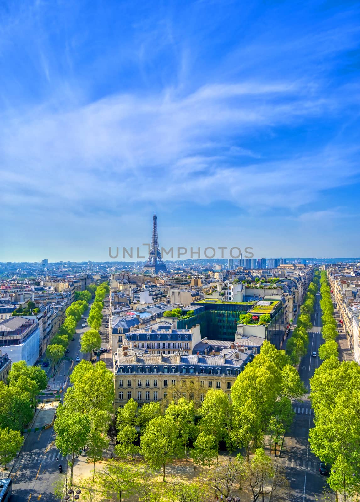 A view of the Eiffel Tower and Paris, France from the Arc de Triomphe.