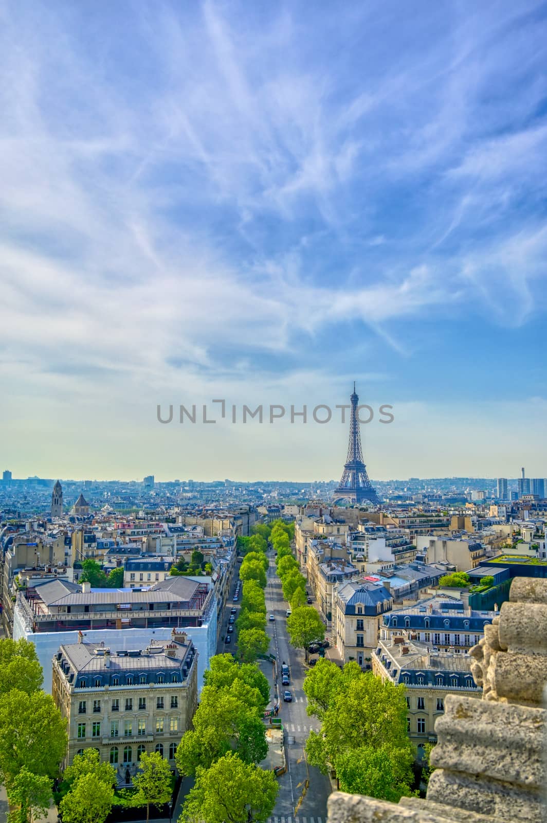 A view of the Eiffel Tower and Paris, France from the Arc de Triomphe.