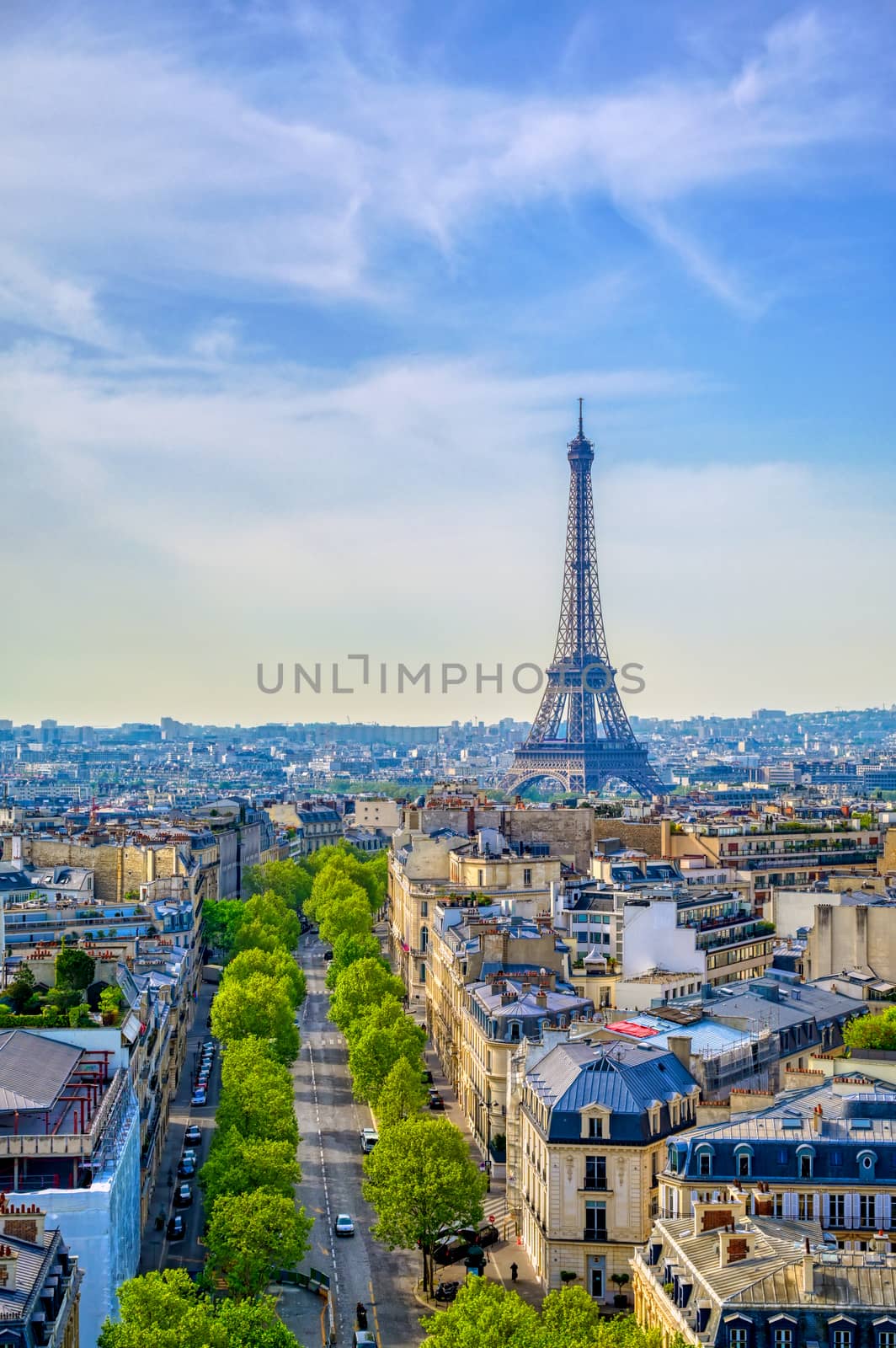 A view of the Eiffel Tower and Paris, France from the Arc de Triomphe.