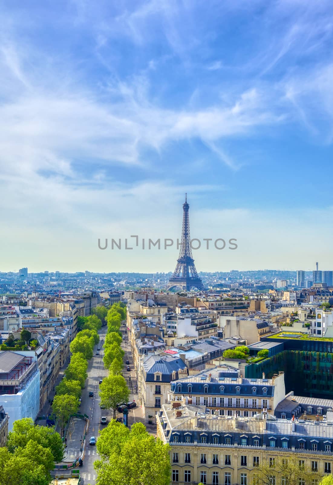 A view of the Eiffel Tower and Paris, France from the Arc de Triomphe.